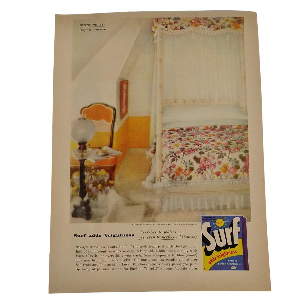1958 Surf‎ Laundry Detergent Ad Floral Bedroom Canopy Bed Orange MCM Print Ad